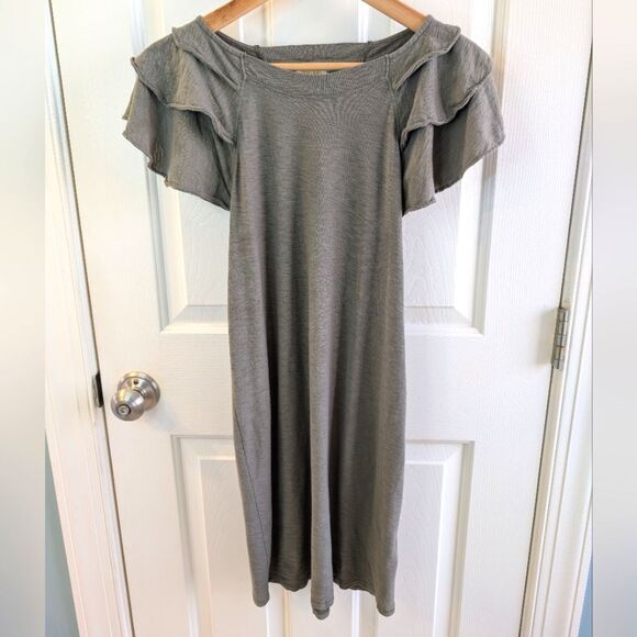 Nation LTD Freddie Dress Flutter Sleeves Pima Cotton Olive Small - Picture 8 of 8